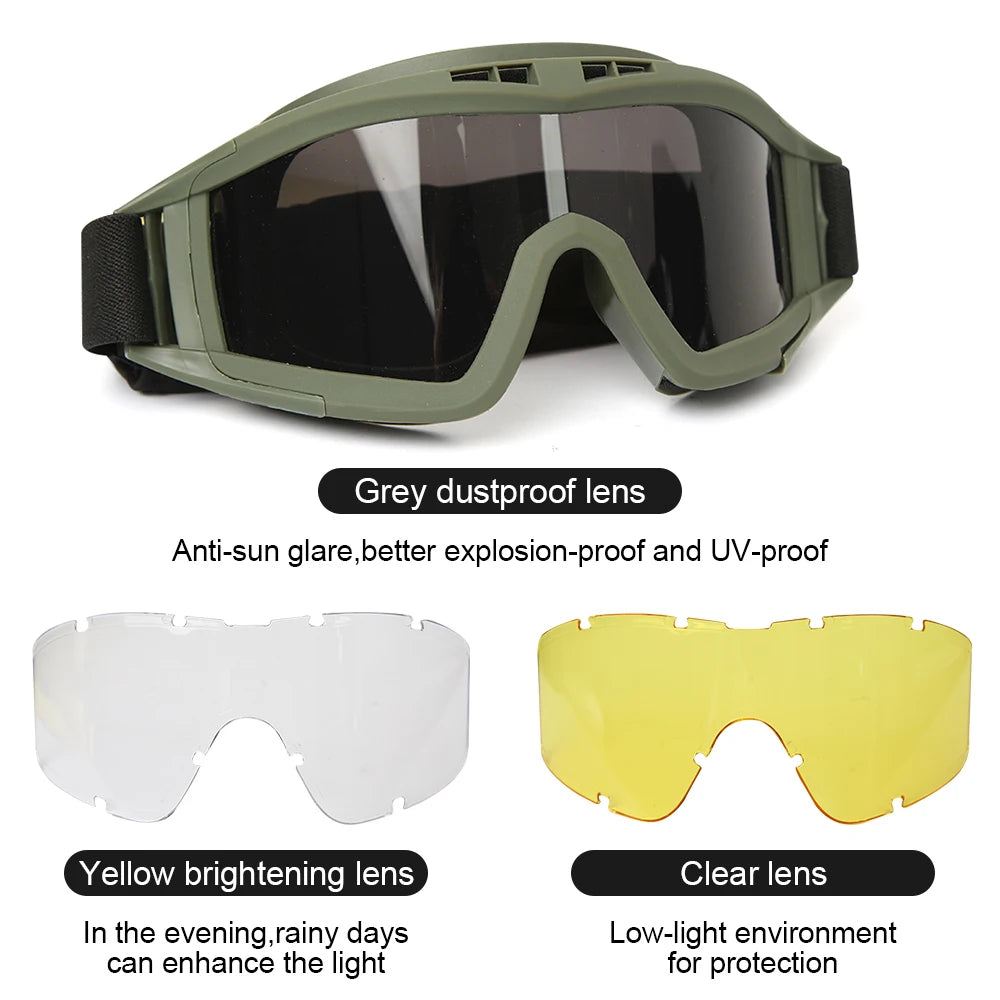 Tactical Goggles with 3 Lens, Balistic protection