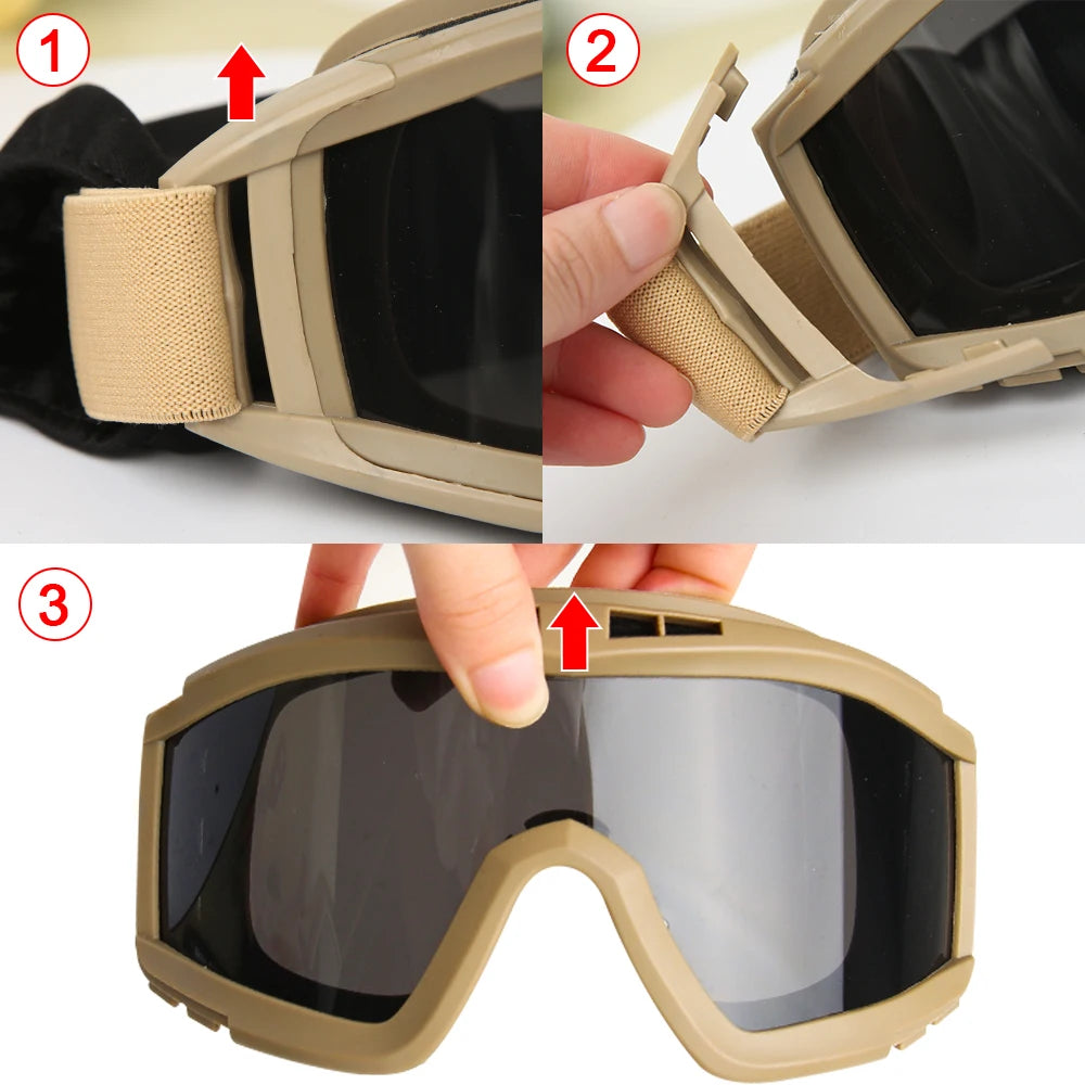 Tactical Goggles with 3 Lens, Balistic protection