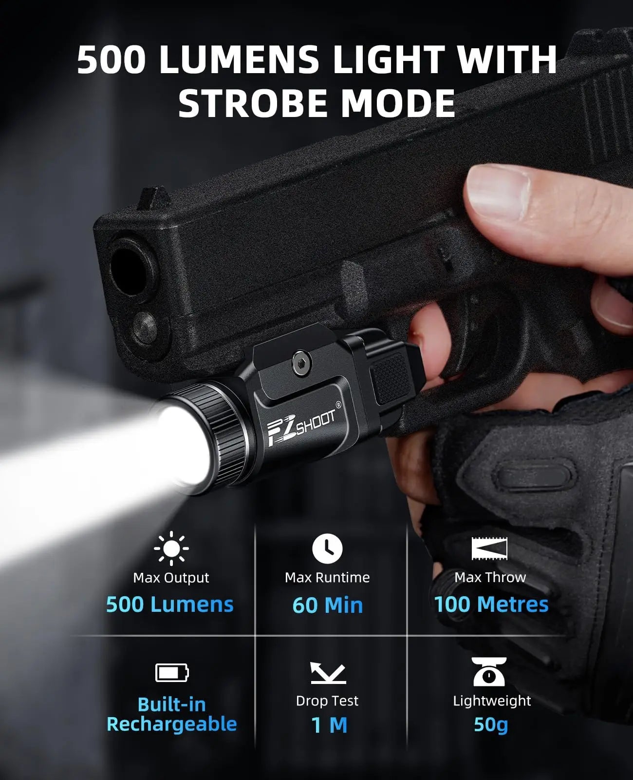 500 Lumens Pistol Rechargeable FlashLight FZ