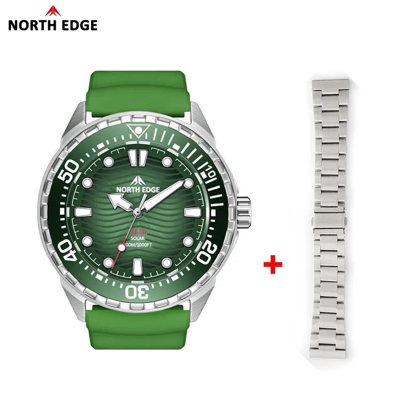 A green North Edge analog watch with a green strap and silver case, shown alongside a separate silver metal link bracelet on a white background. The North Edge logo is visible in the top left corner.