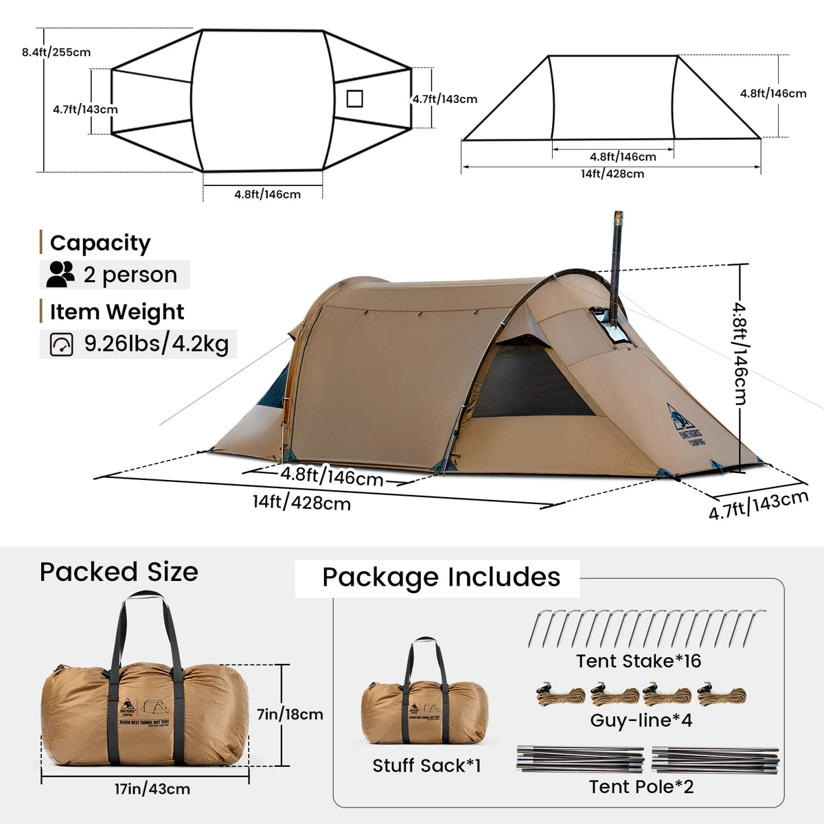 OneTigris Raven 2-Person 4-Season Tunnel Hot Tent