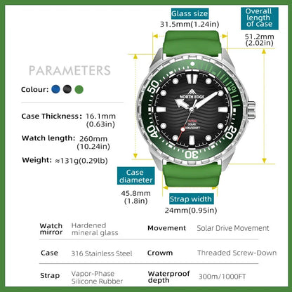 A product infographic for a wrist watch showing a silver-tone stainless steel case with a green silicone strap and black dial. The image includes measurement callouts for glass size, overall length, case diameter, and strap width, along with color, thickness, length, weight, and material specifications on a white background with a green border.