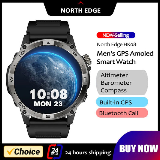 Smartwatch with a black band and blue screen displaying time and date on a light gray background