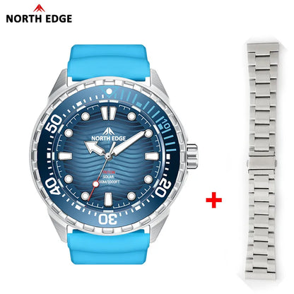 Blue watch with silver band and North Edge branding on a white background