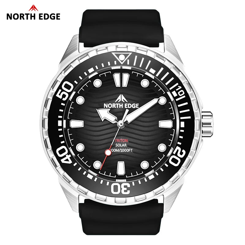 Black wristwatch with silver case and North Edge branding on a white background