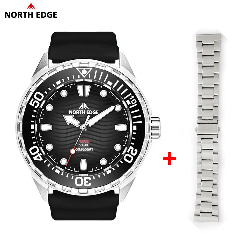 Black wristwatch with silver band and North Edge branding on a white background
