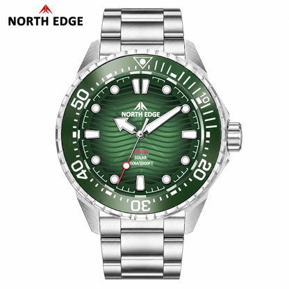 A North Edge men's stainless steel watch with a green dial and green bezel, featuring silver-tone metal case and link bracelet, on a white background with the North Edge logo in the top-left corner.