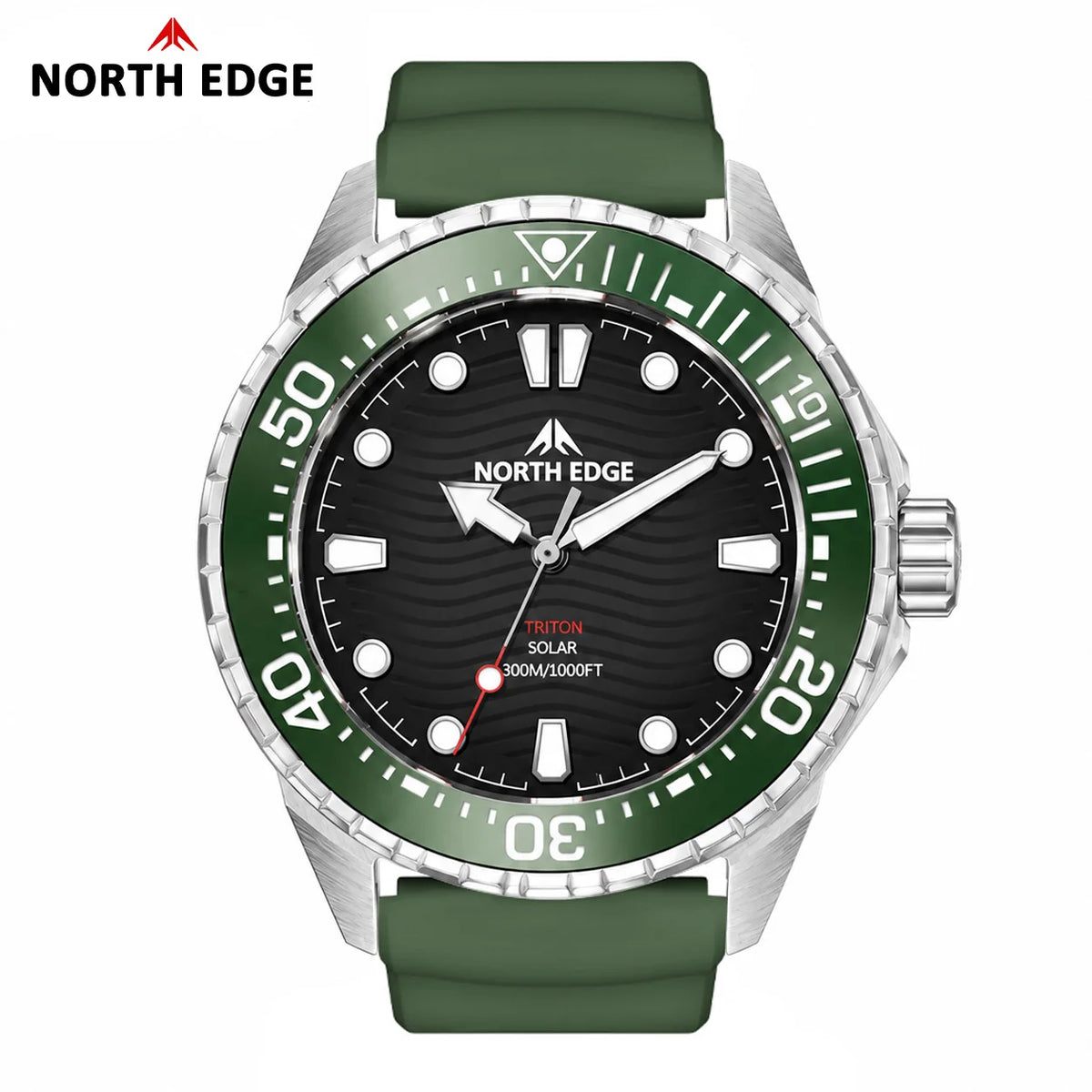 A North Edge men's dive watch with a green bezel, black dial, silver-tone case, and green rubber strap, shown on a white background with the North Edge logo in the top left corner.