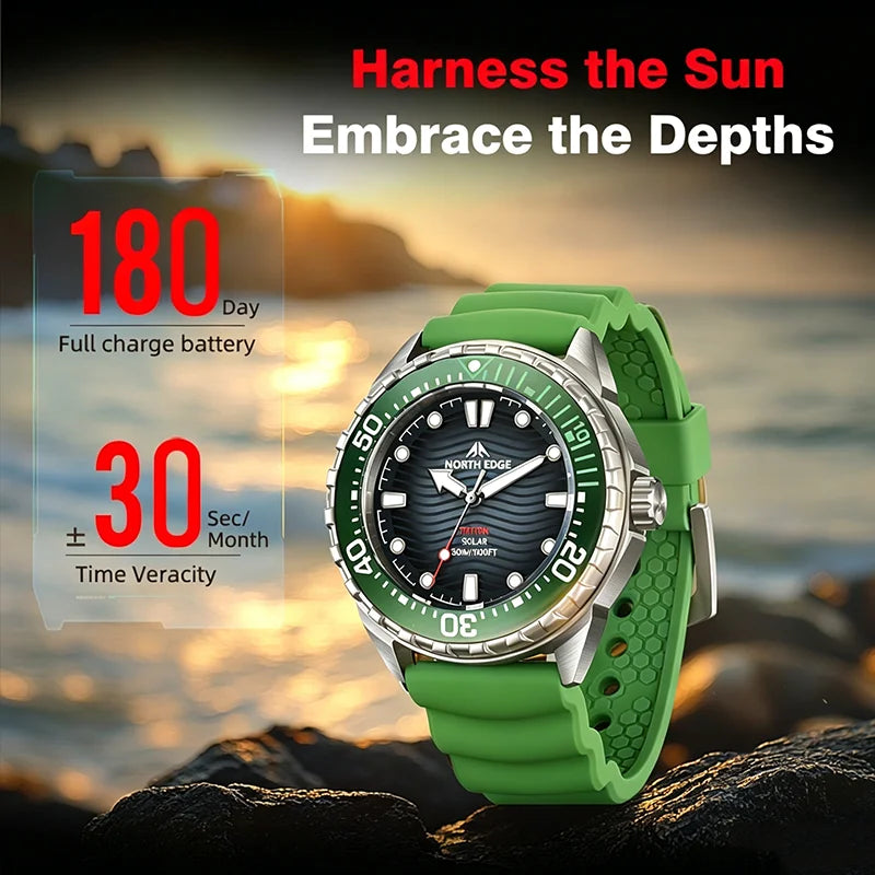 A green silicone sports watch with a silver-tone case and black dial, shown against a rocky ocean backdrop at sunset. Large promotional text reads 'Harness the Sun, Embrace the Depths' and highlights 180-day battery life and 30-second time accuracy.