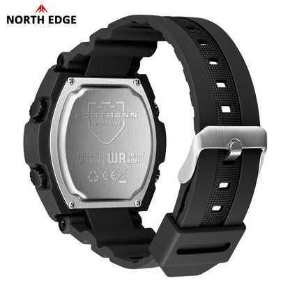 Black wristwatch with visible branding on a white background
