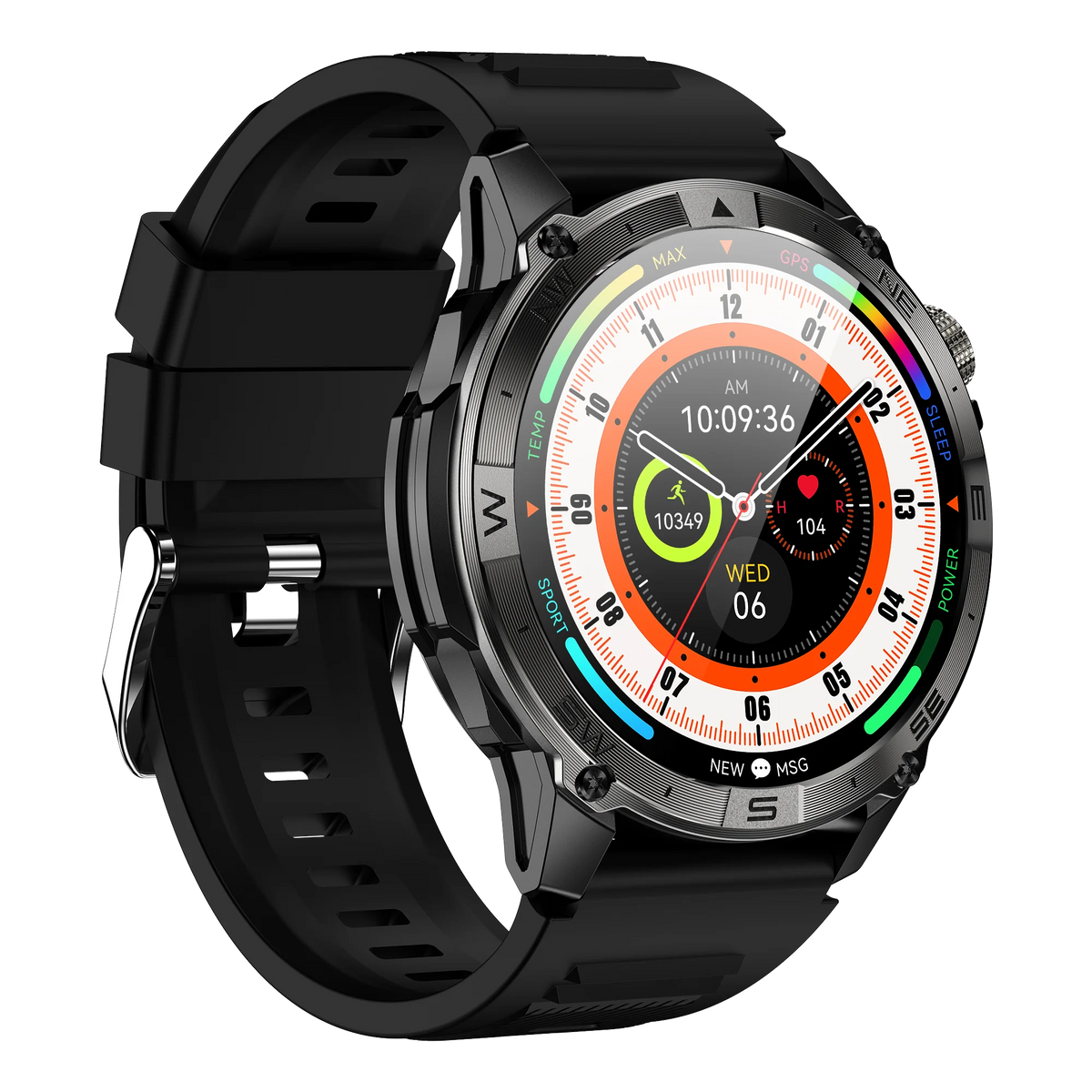 Smartwatch with a black strap on a white background