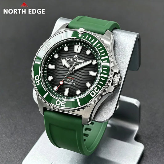 A North Edge men's solar wristwatch with a green silicone strap, a green bezel, and a black textured dial, displayed on a silver stand against a dark gray background.