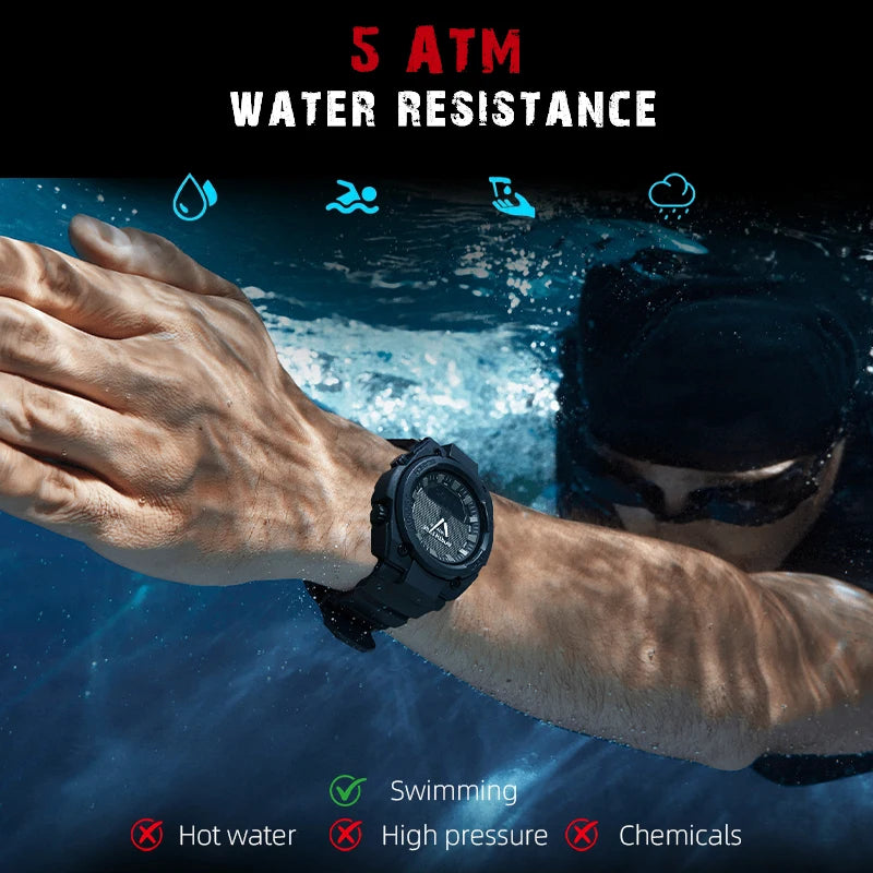 Person underwater wearing a watch with water resistance text and icons.