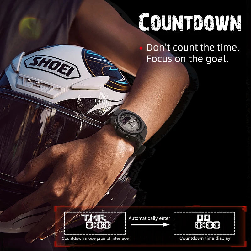 Person wearing a Shoei motorcycle helmet with a watch, featuring a motivational quote and countdown interface.