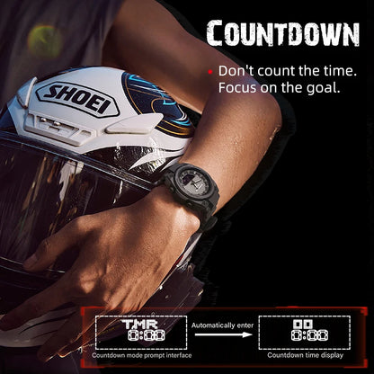 Person wearing a Shoei motorcycle helmet with a watch, featuring a motivational quote and countdown interface.