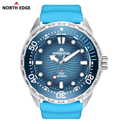 Blue watch with silver case and blue strap on a white background, featuring 'North Edge' branding.