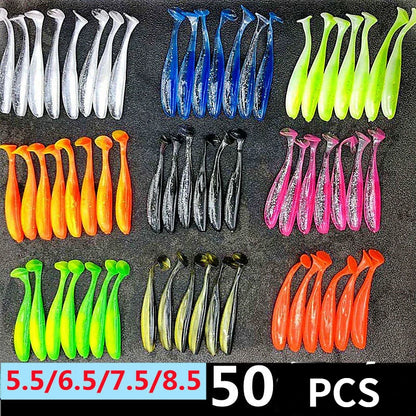 Silicone Soft T Tail Fishing Lure Set 50 τμχ/Παρτίδα 55mm/65mm/70mm