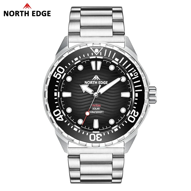 Silver watch with black dial featuring the brand 'North Edge' on a white background