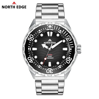 Silver watch with black dial featuring the brand 'North Edge' on a white background
