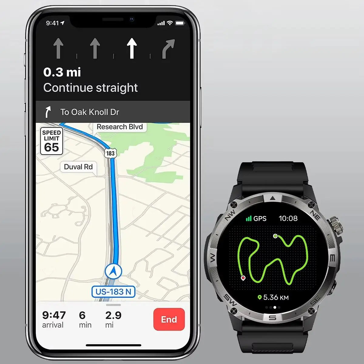 Smartphone displaying navigation app and smartwatch showing fitness tracking on a gray background