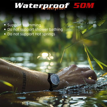 Hand wearing a watch with text about waterproof rating in a natural setting