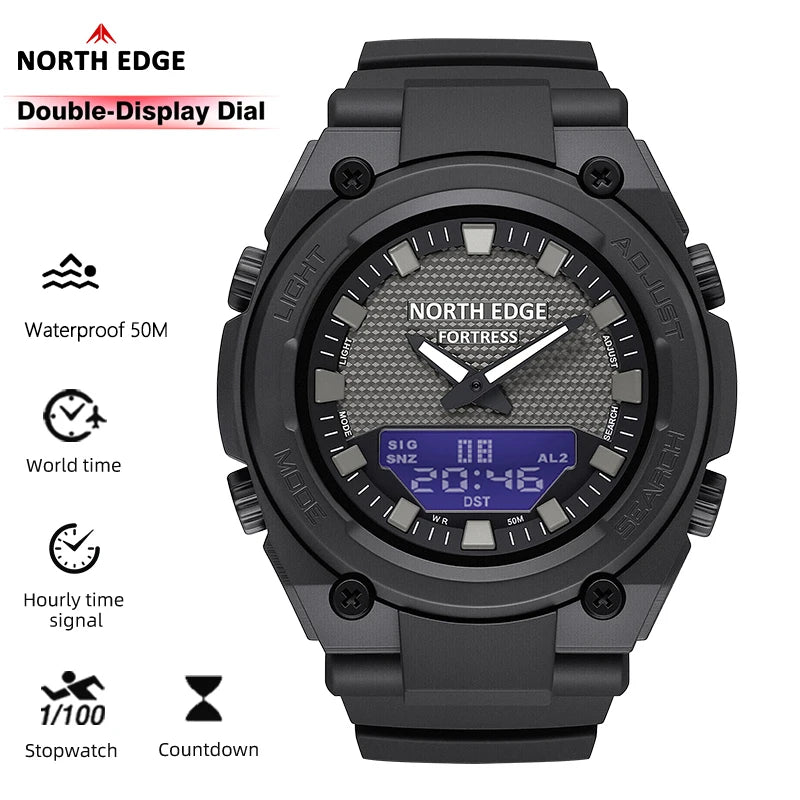 Black North Edge watch with double-display dial on a white background