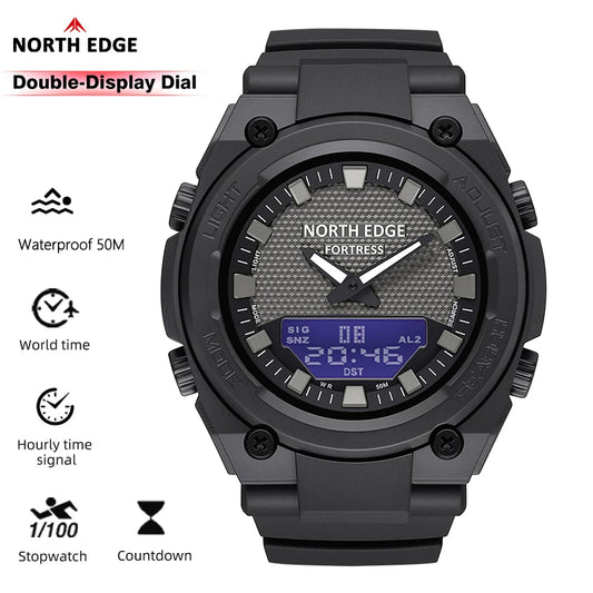 Black North Edge watch with double-display dial on a white background