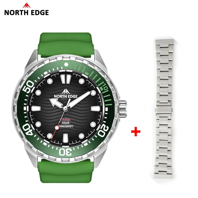 North Edge men's watch with a green rubber strap and green bezel, featuring a black dial and silver stainless steel case, shown alongside a separate silver metal link bracelet on a white background.