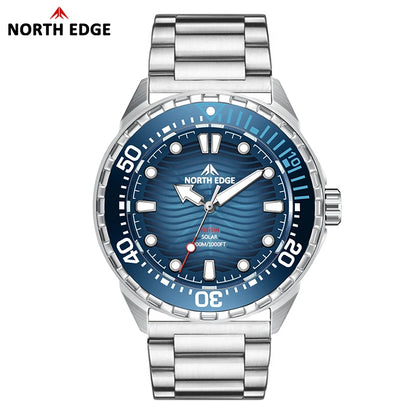 Silver watch with blue dial featuring 'North Edge' branding on a white background