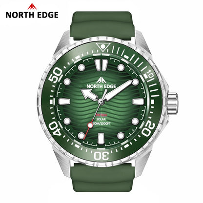 A North Edge men's dive watch featuring a green dial with a wavy pattern, a green rubber strap, and a silver stainless steel case with a rotating bezel.