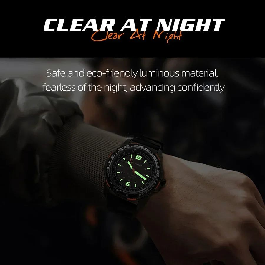 Wristwatch with glowing green face on a dark background, featuring text about night visibility and eco-friendly material.