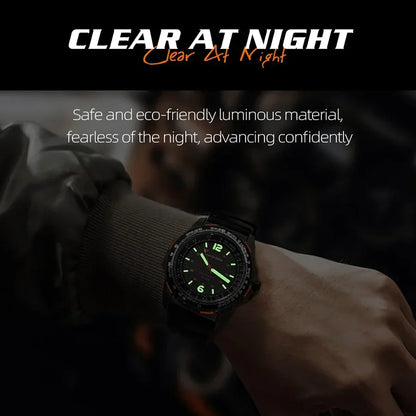 Wristwatch with glowing green face on a dark background, featuring text about night visibility and eco-friendly material.