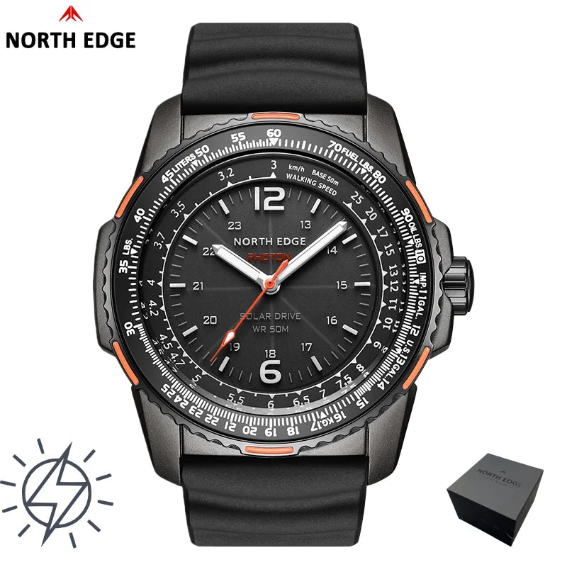 Black watch with detailed face and orange accents on a white background