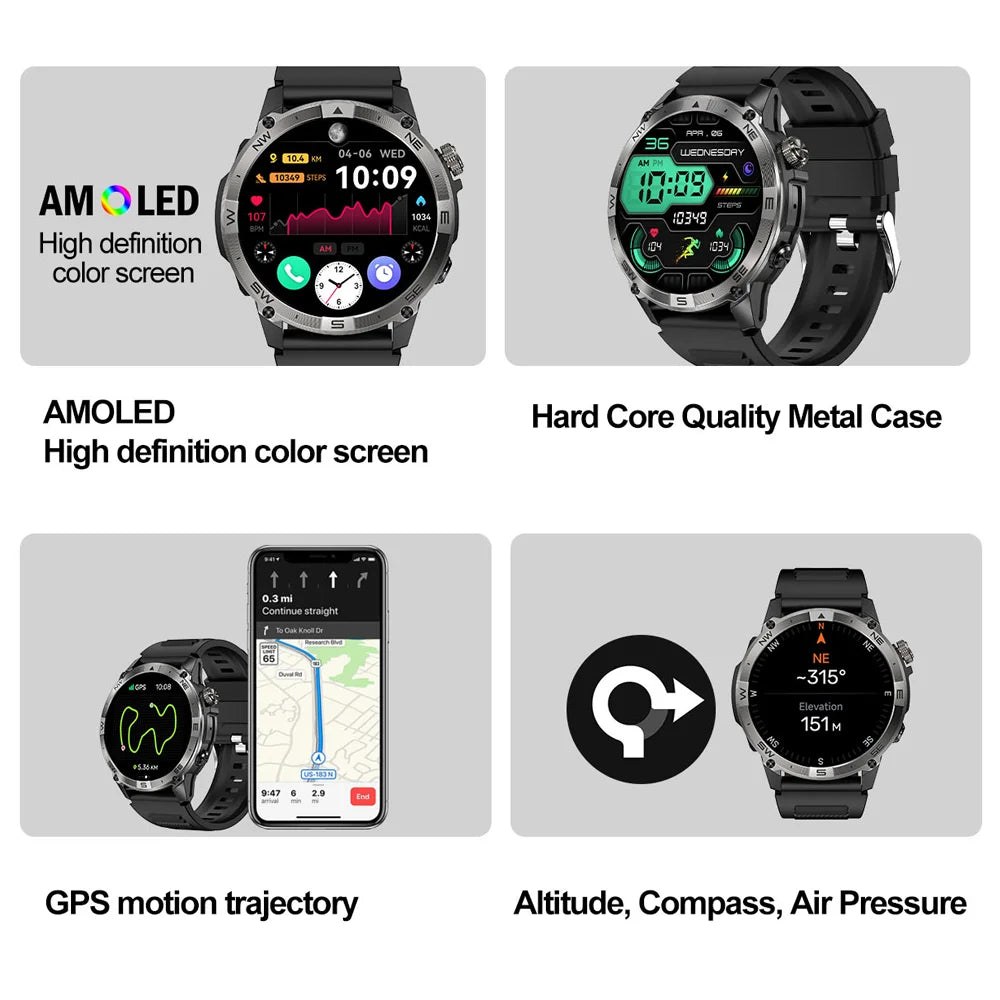 Smartwatch with AMOLED display and metal case, featuring GPS and multiple functions on a white background.