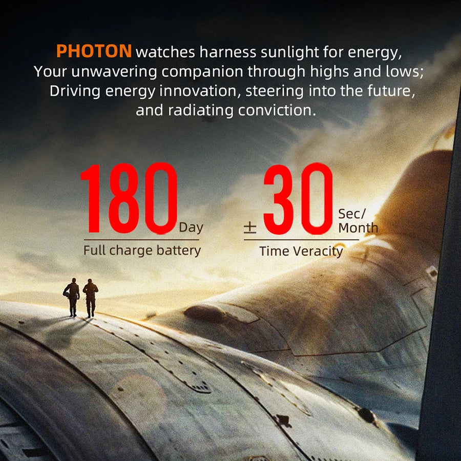 Promotional graphic for a product named 'PHOTON' with text about energy harvesting and specifications, set against a desert landscape.