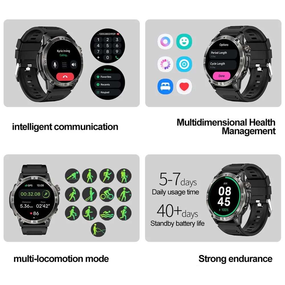 Smartwatch with various features displayed on a white background