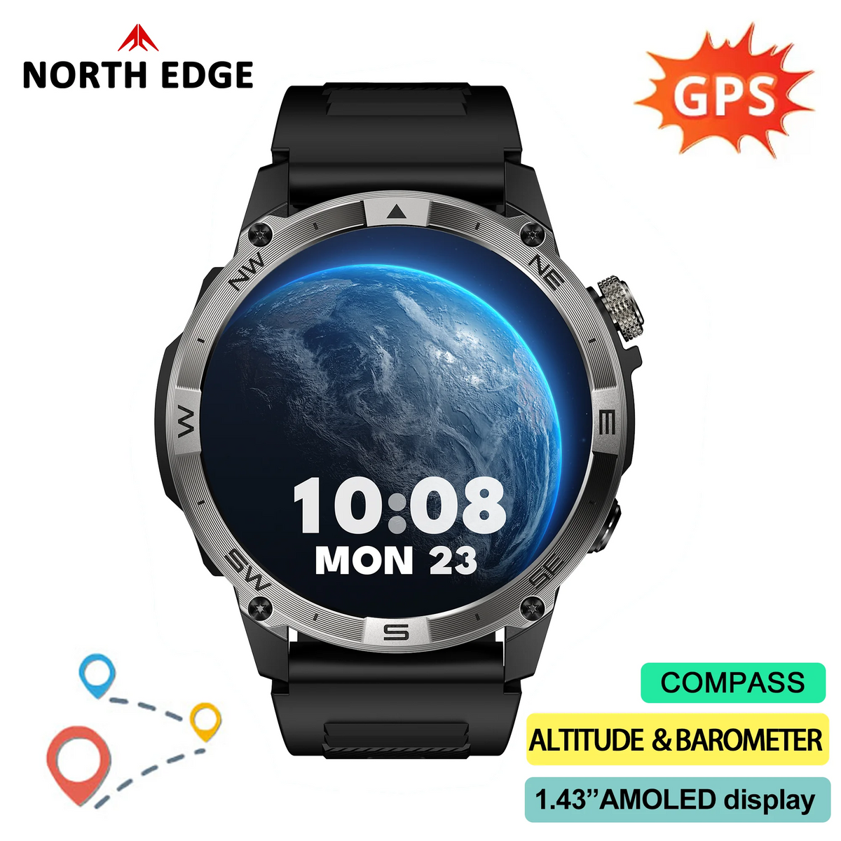 Smartwatch with GPS, compass, altitude, and barometer features on a white background