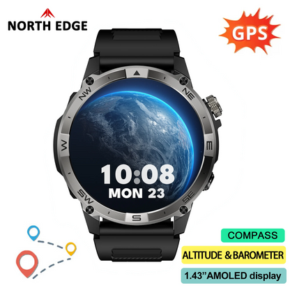 Smartwatch with GPS, compass, altitude, and barometer features on a white background